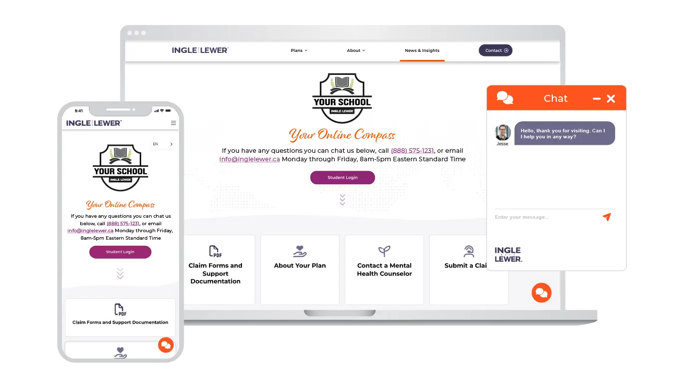Responsive school benefits portal shown on laptop and phone screens with live chat support window